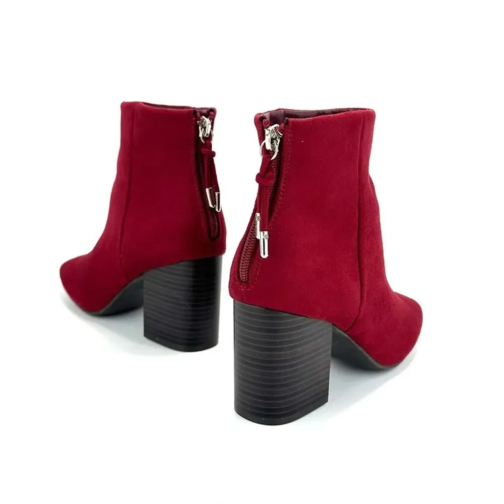 Journee Collection Red Block Heel Ankle Boot Size 7.5 Faux Suede Round Toe New